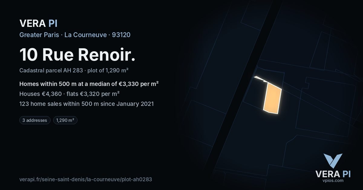 10 Rue Renoir, La Courneuve at night – the plot lit, the parcels around coloured by the prices near them