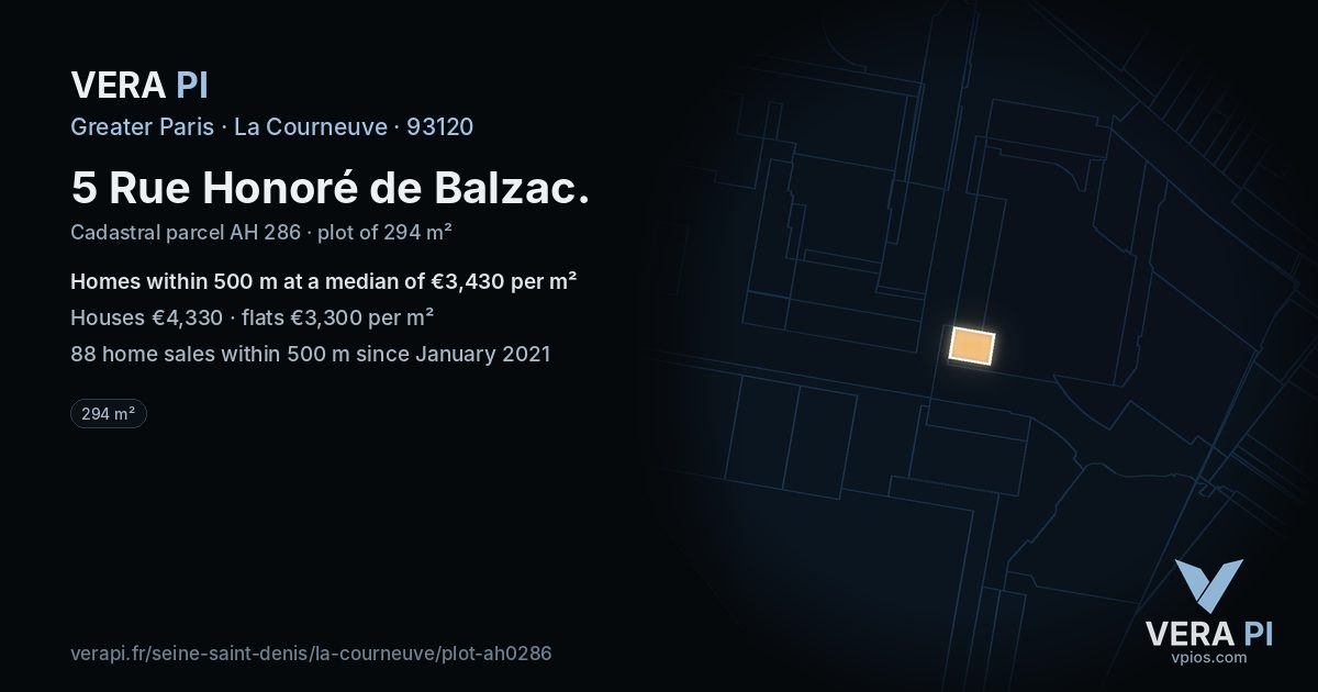 5 Rue Honoré de Balzac, La Courneuve at night – the plot lit, the parcels around coloured by the prices near them