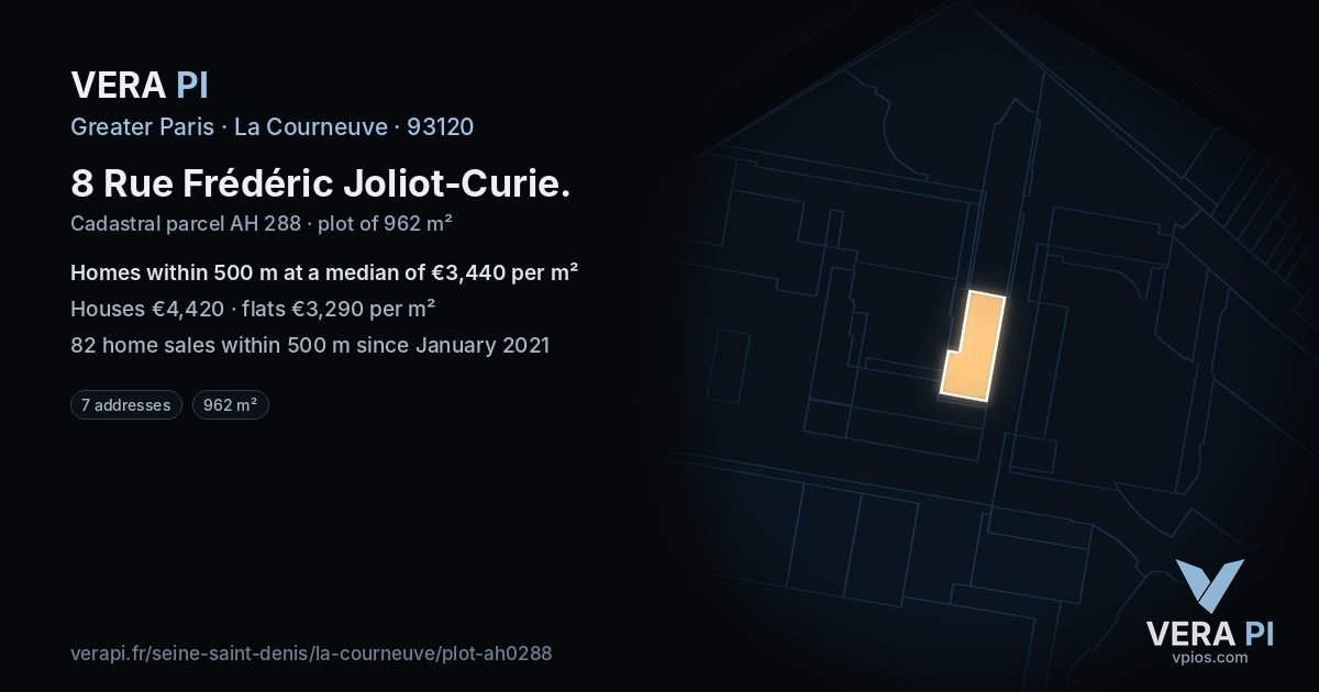 8 Rue Frédéric Joliot-Curie, La Courneuve at night – the plot lit, the parcels around coloured by the prices near them