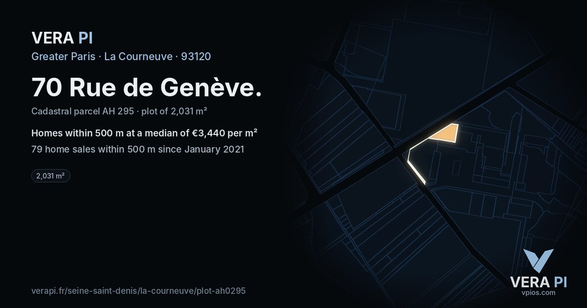 70 Rue de Genève, La Courneuve at night – the plot lit, the parcels around coloured by the prices near them