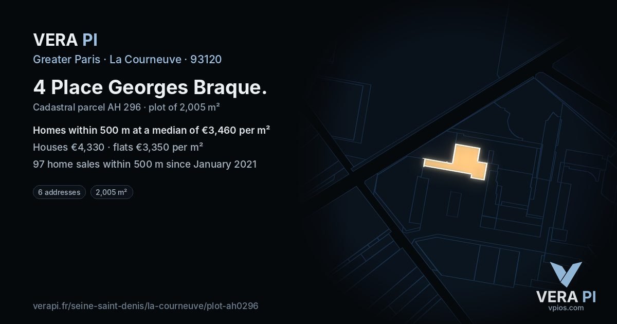 4 Place Georges Braque, La Courneuve at night – the plot lit, the parcels around coloured by the prices near them