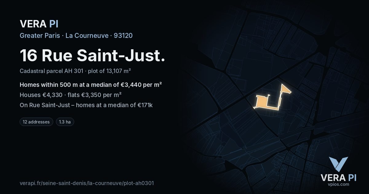 16 Rue Saint-Just, La Courneuve at night – the plot lit, the parcels around coloured by the prices near them