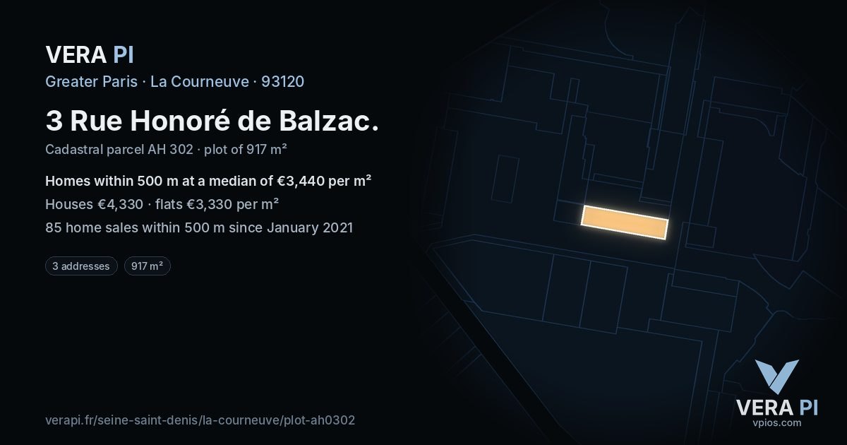 3 Rue Honoré de Balzac, La Courneuve at night – the plot lit, the parcels around coloured by the prices near them