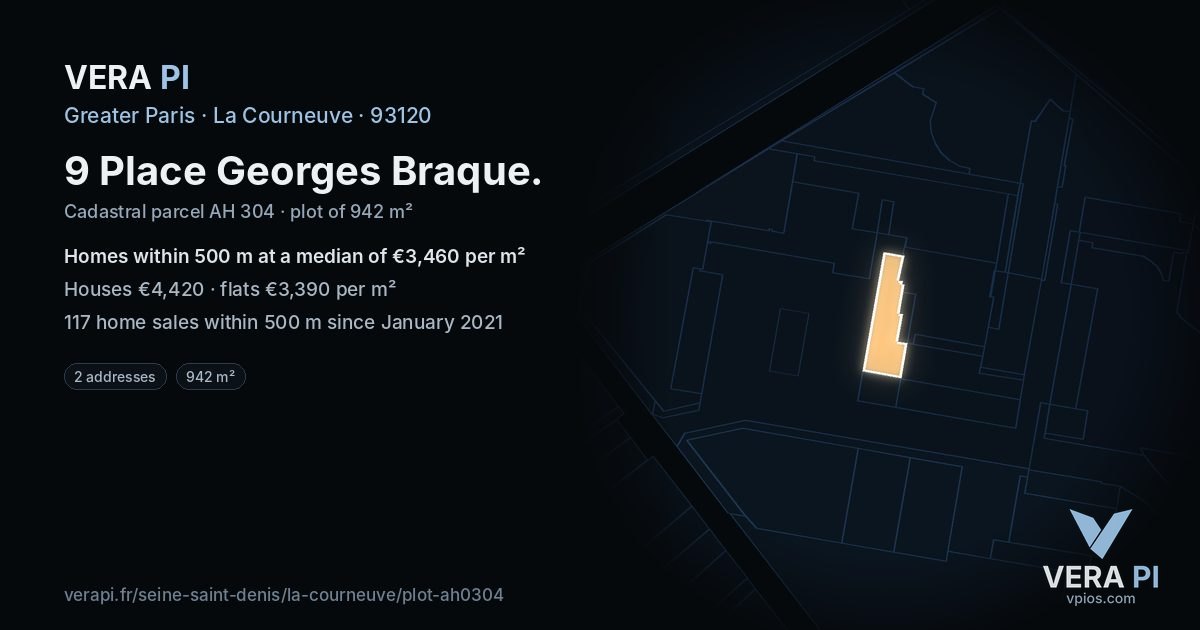 9 Place Georges Braque, La Courneuve at night – the plot lit, the parcels around coloured by the prices near them