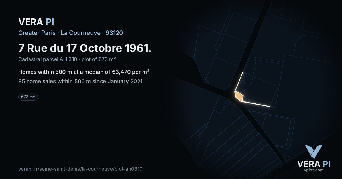 7 Rue du 17 Octobre 1961, La Courneuve at night – the plot lit, the parcels around coloured by the prices near them