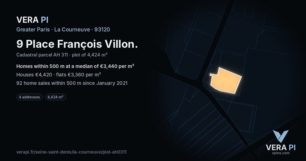9 Place François Villon, La Courneuve at night – the plot lit, the parcels around coloured by the prices near them