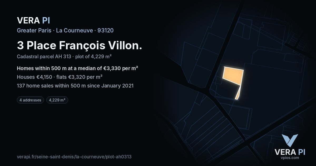 3 Place François Villon, La Courneuve at night – the plot lit, the parcels around coloured by the prices near them