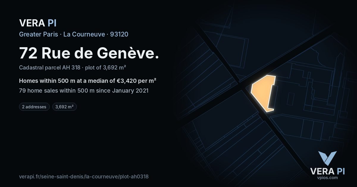 72 Rue de Genève, La Courneuve at night – the plot lit, the parcels around coloured by the prices near them