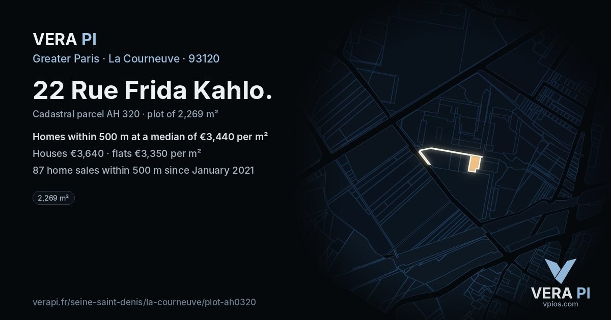 22 Rue Frida Kahlo, La Courneuve at night – the plot lit, the parcels around coloured by the prices near them