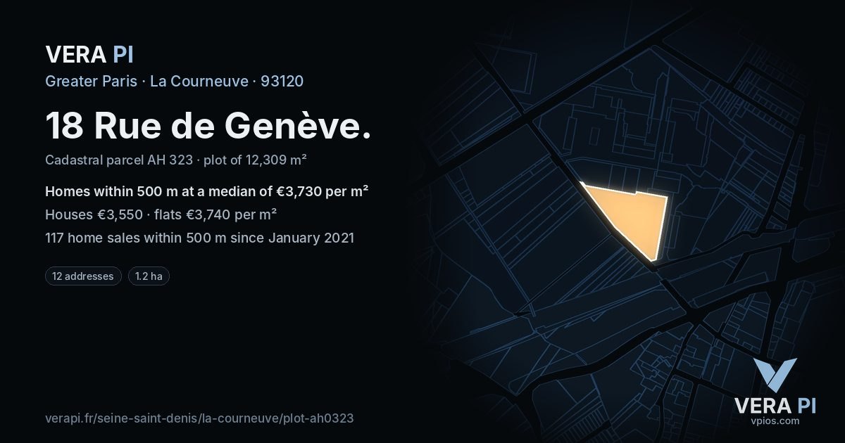 18 Rue de Genève, La Courneuve at night – the plot lit, the parcels around coloured by the prices near them