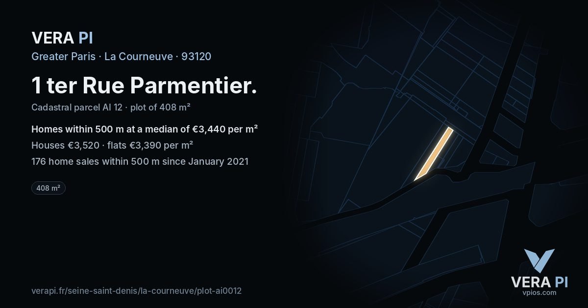 1 ter Rue Parmentier, La Courneuve at night – the plot lit, the parcels around coloured by the prices near them