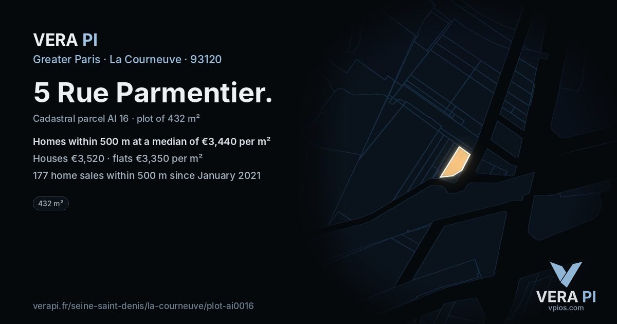 5 Rue Parmentier, La Courneuve at night – the plot lit, the parcels around coloured by the prices near them