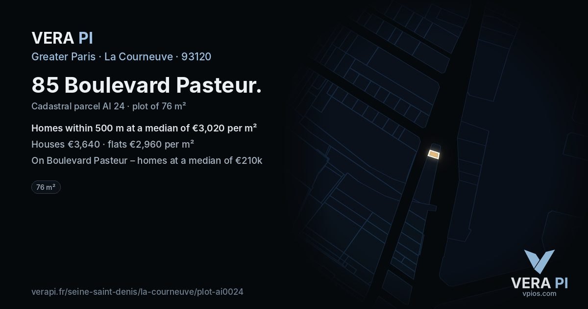 85 Boulevard Pasteur, La Courneuve at night – the plot lit, the parcels around coloured by the prices near them