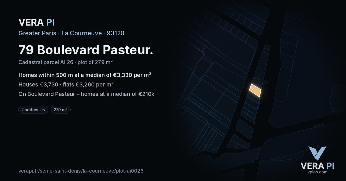 79 Boulevard Pasteur, La Courneuve at night – the plot lit, the parcels around coloured by the prices near them