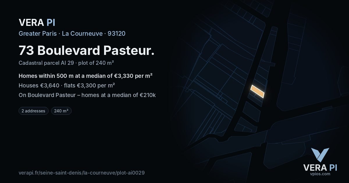 73 Boulevard Pasteur, La Courneuve at night – the plot lit, the parcels around coloured by the prices near them
