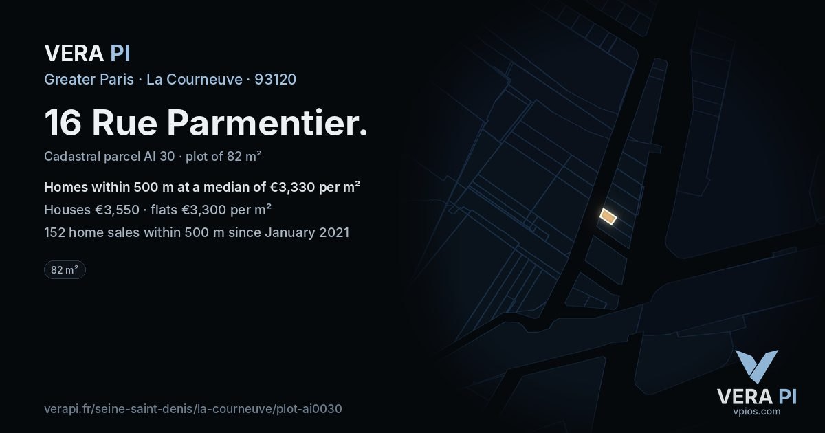 16 Rue Parmentier, La Courneuve at night – the plot lit, the parcels around coloured by the prices near them
