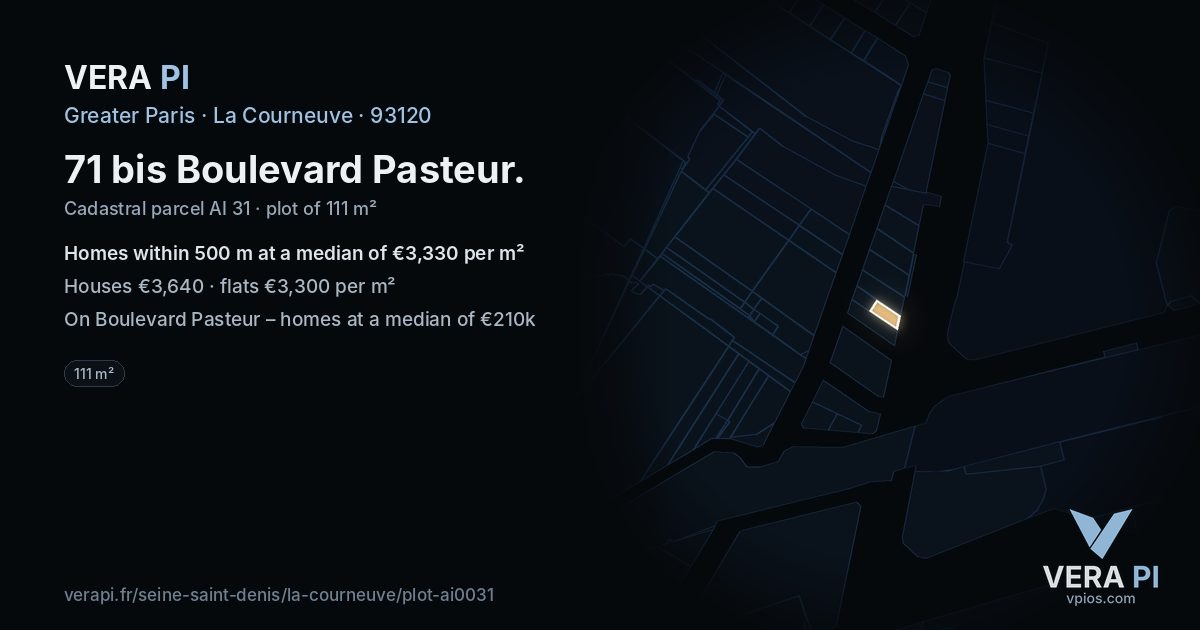 71 bis Boulevard Pasteur, La Courneuve at night – the plot lit, the parcels around coloured by the prices near them