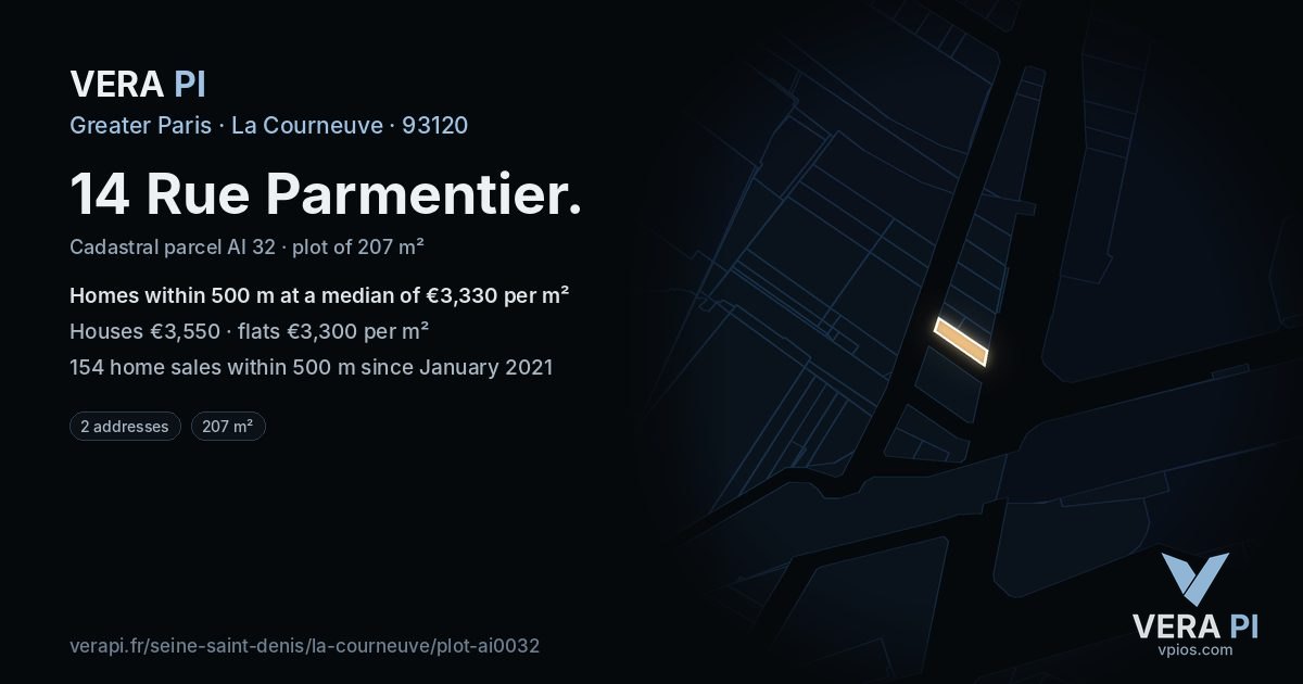 14 Rue Parmentier, La Courneuve at night – the plot lit, the parcels around coloured by the prices near them