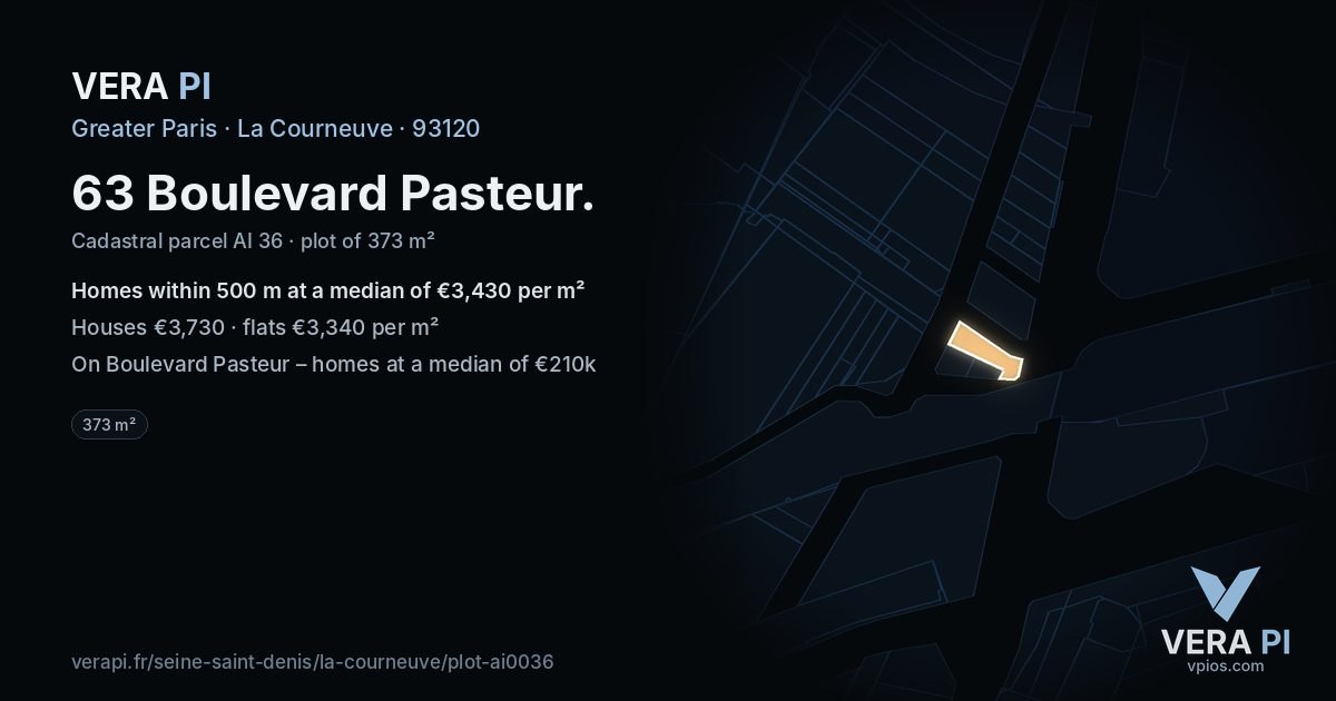 63 Boulevard Pasteur, La Courneuve at night – the plot lit, the parcels around coloured by the prices near them