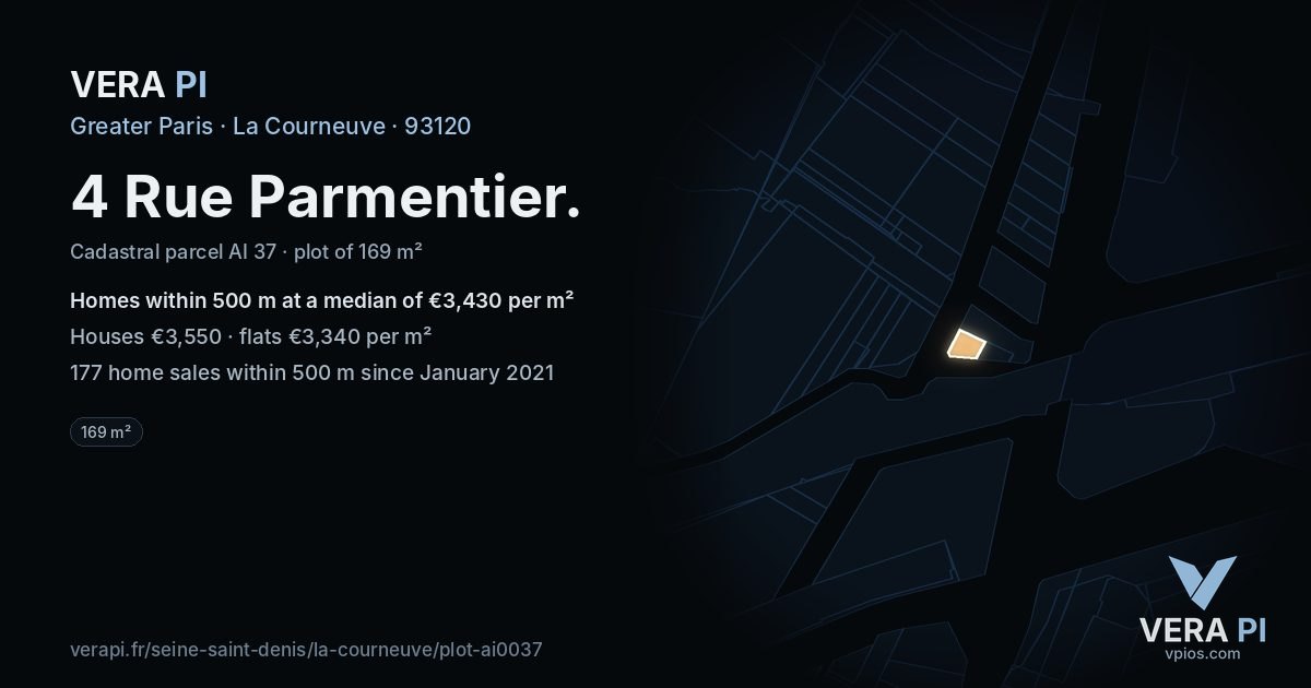 4 Rue Parmentier, La Courneuve at night – the plot lit, the parcels around coloured by the prices near them
