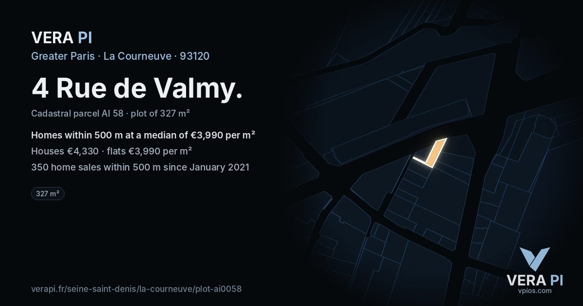 4 Rue de Valmy, La Courneuve at night – the plot lit, the parcels around coloured by the prices near them