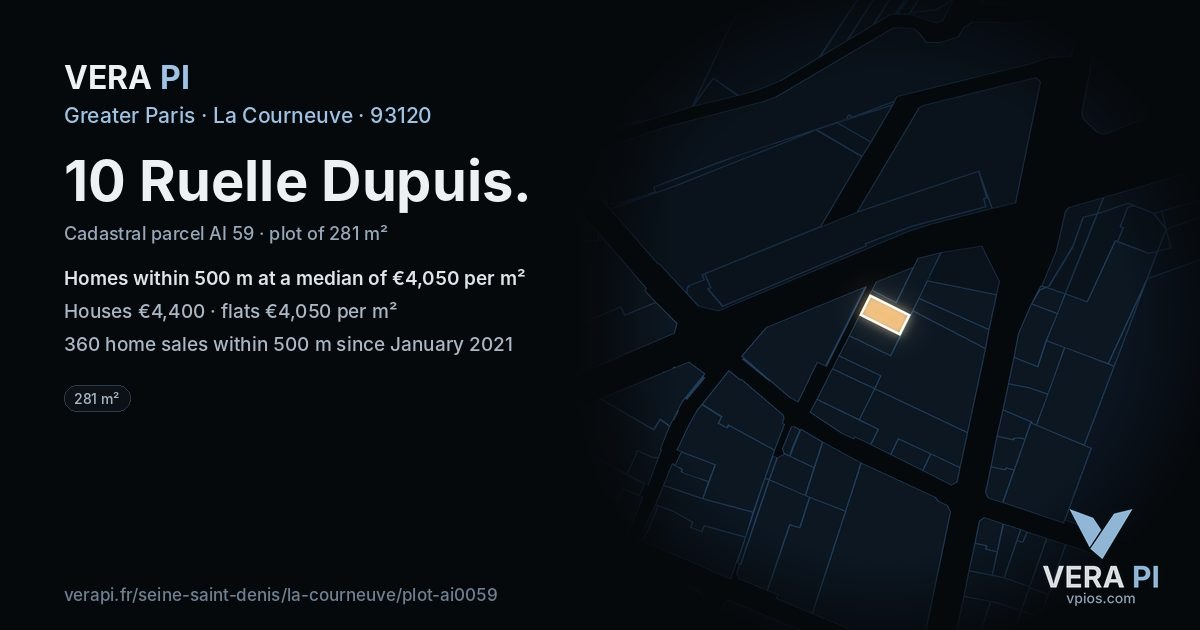 10 Ruelle Dupuis, La Courneuve at night – the plot lit, the parcels around coloured by the prices near them
