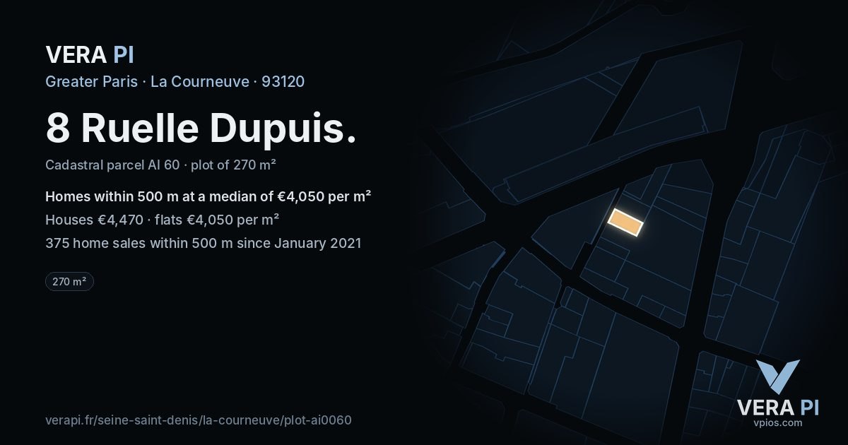 8 Ruelle Dupuis, La Courneuve at night – the plot lit, the parcels around coloured by the prices near them