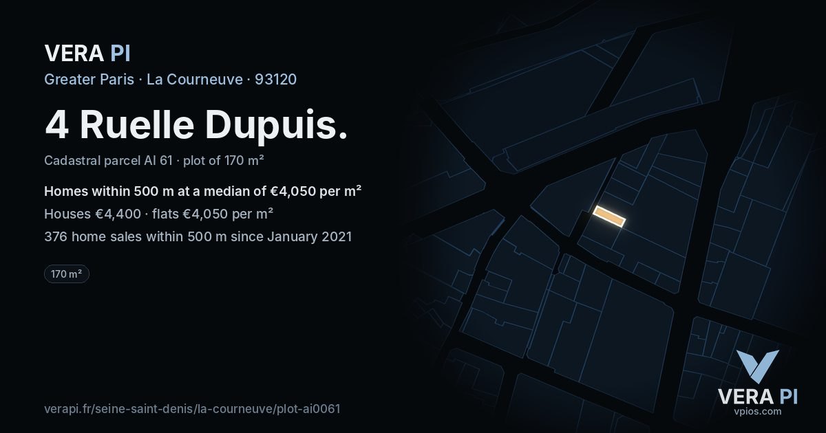 4 Ruelle Dupuis, La Courneuve at night – the plot lit, the parcels around coloured by the prices near them
