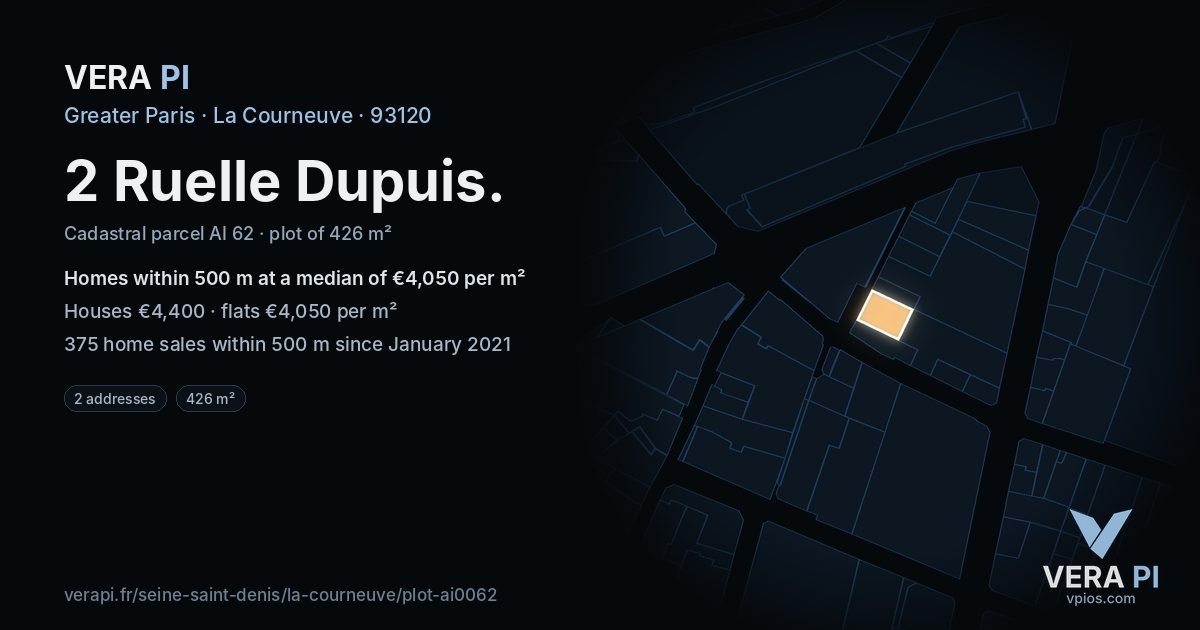 2 Ruelle Dupuis, La Courneuve at night – the plot lit, the parcels around coloured by the prices near them