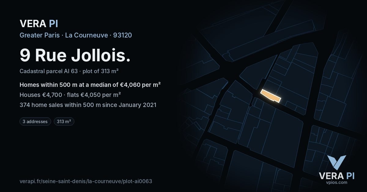 9 Rue Jollois, La Courneuve at night – the plot lit, the parcels around coloured by the prices near them