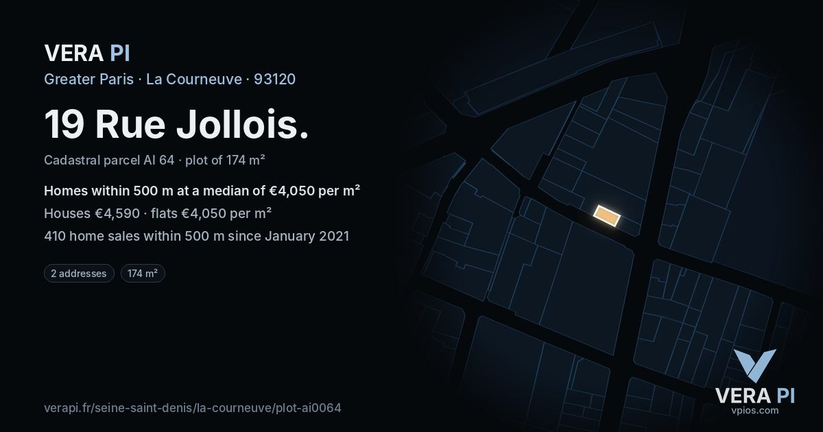 19 Rue Jollois, La Courneuve at night – the plot lit, the parcels around coloured by the prices near them