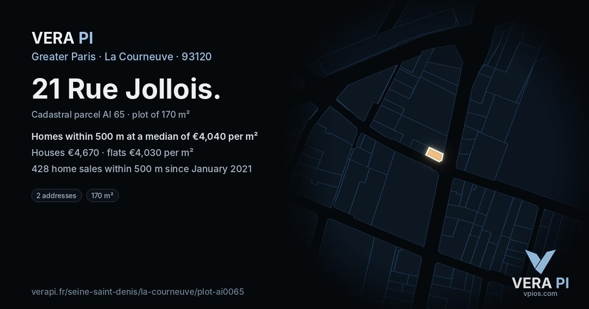 21 Rue Jollois, La Courneuve at night – the plot lit, the parcels around coloured by the prices near them