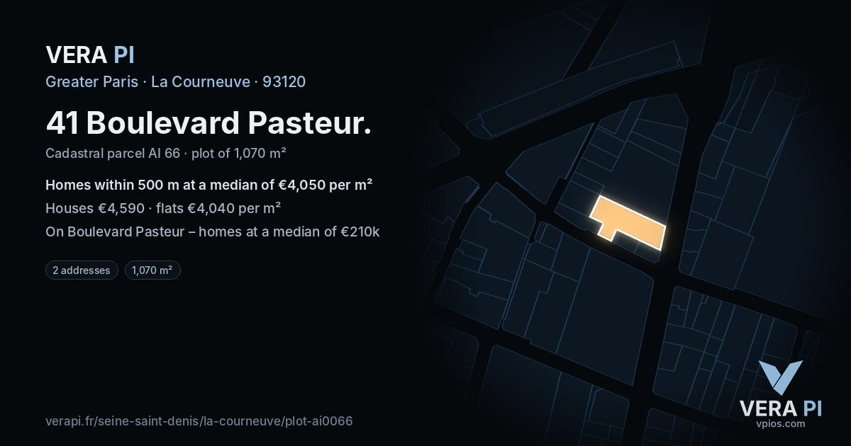 41 Boulevard Pasteur, La Courneuve at night – the plot lit, the parcels around coloured by the prices near them