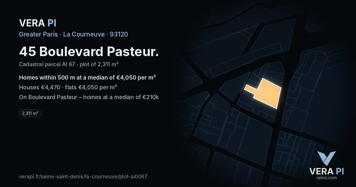 45 Boulevard Pasteur, La Courneuve at night – the plot lit, the parcels around coloured by the prices near them