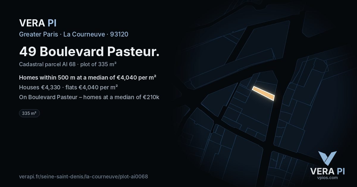 49 Boulevard Pasteur, La Courneuve at night – the plot lit, the parcels around coloured by the prices near them