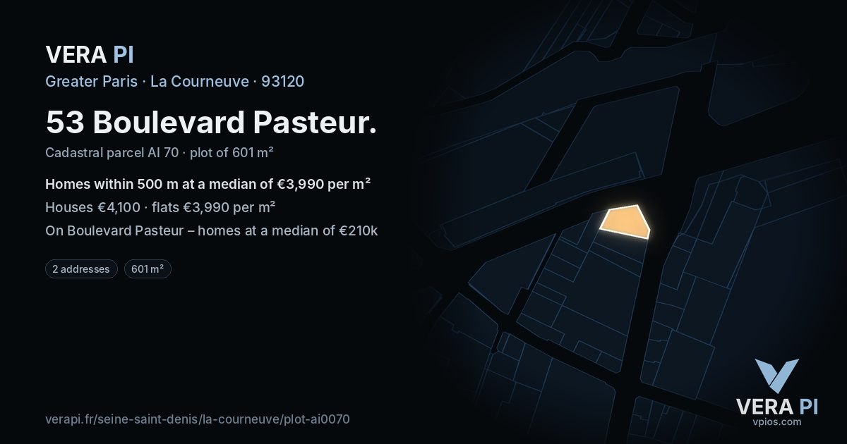53 Boulevard Pasteur, La Courneuve at night – the plot lit, the parcels around coloured by the prices near them