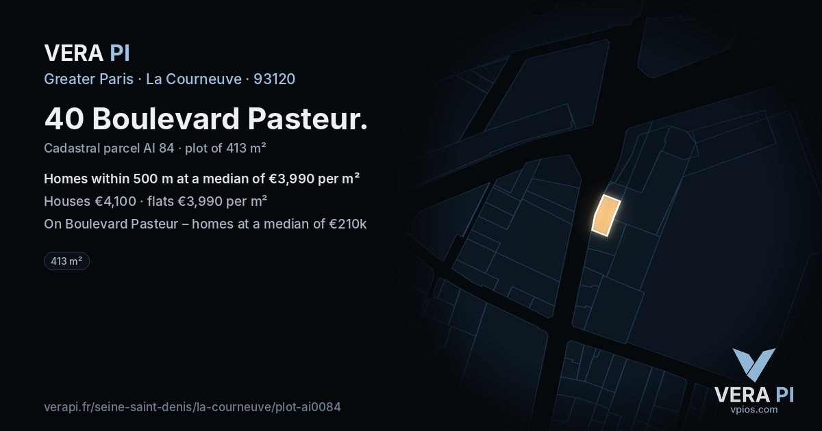 40 Boulevard Pasteur, La Courneuve at night – the plot lit, the parcels around coloured by the prices near them
