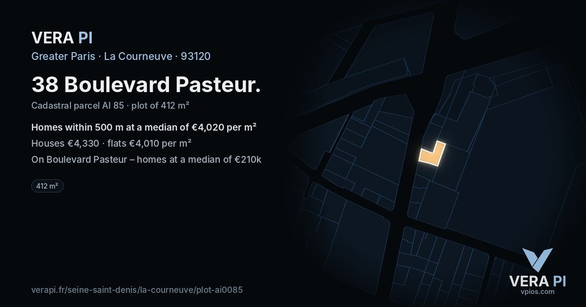 38 Boulevard Pasteur, La Courneuve at night – the plot lit, the parcels around coloured by the prices near them