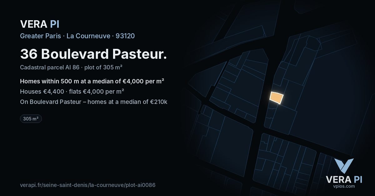 36 Boulevard Pasteur, La Courneuve at night – the plot lit, the parcels around coloured by the prices near them