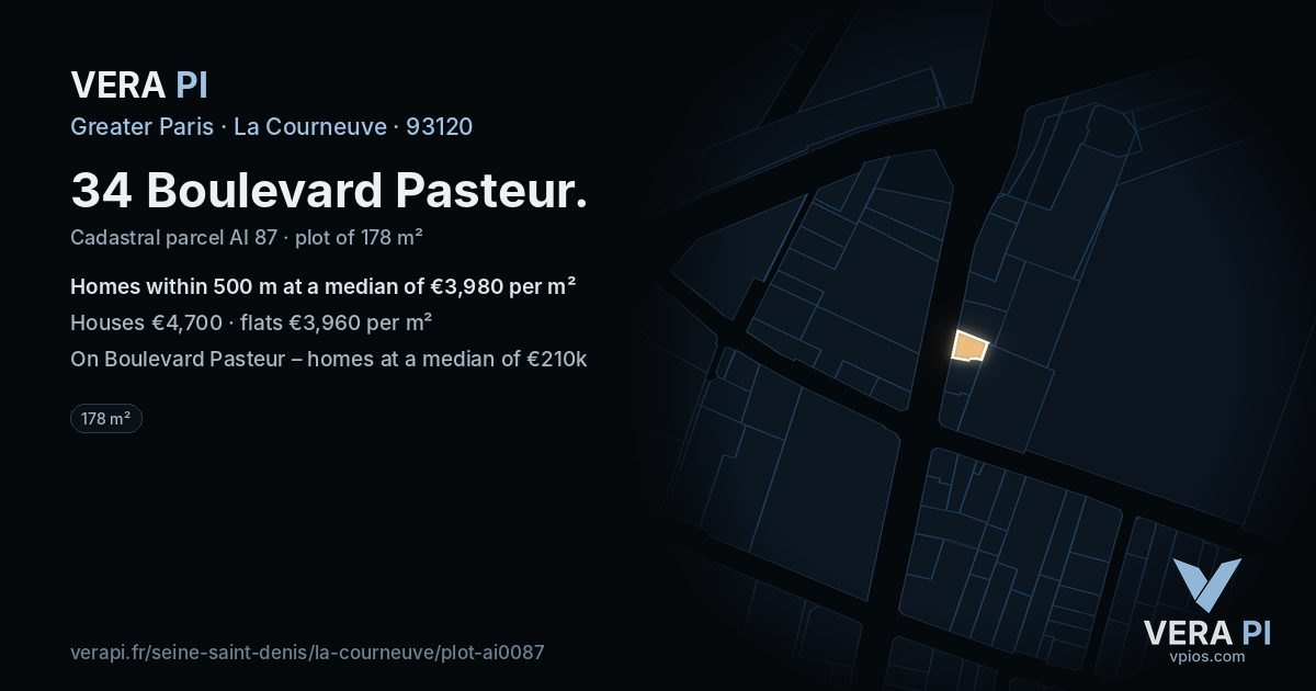 34 Boulevard Pasteur, La Courneuve at night – the plot lit, the parcels around coloured by the prices near them