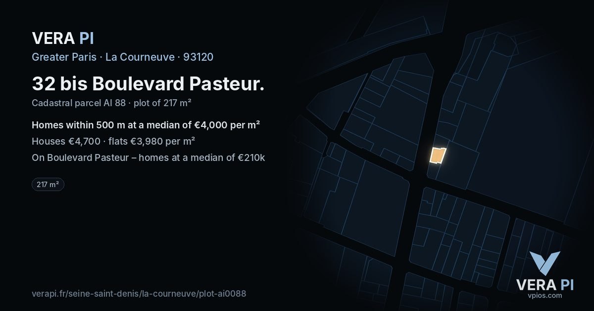 32 bis Boulevard Pasteur, La Courneuve at night – the plot lit, the parcels around coloured by the prices near them