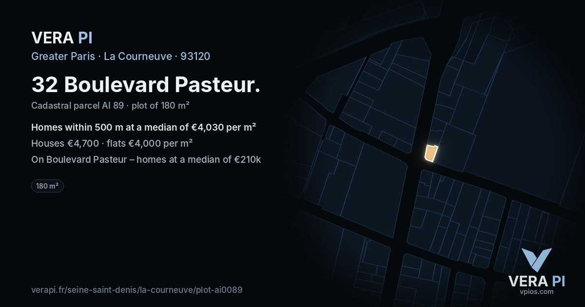 32 Boulevard Pasteur, La Courneuve at night – the plot lit, the parcels around coloured by the prices near them