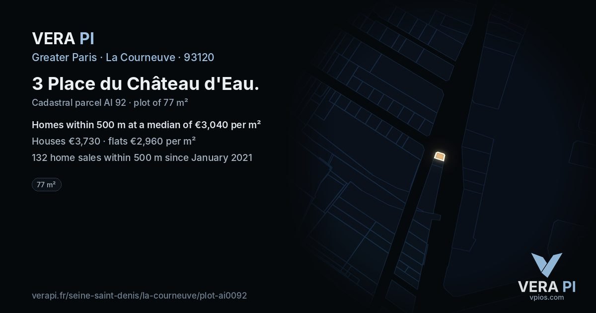 3 Place du Château d'Eau, La Courneuve at night – the plot lit, the parcels around coloured by the prices near them
