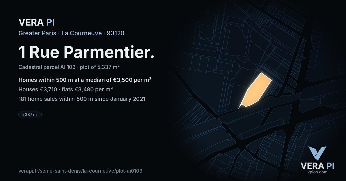 1 Rue Parmentier, La Courneuve at night – the plot lit, the parcels around coloured by the prices near them