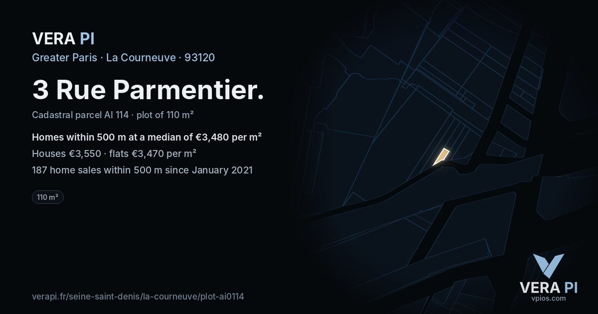 3 Rue Parmentier, La Courneuve at night – the plot lit, the parcels around coloured by the prices near them