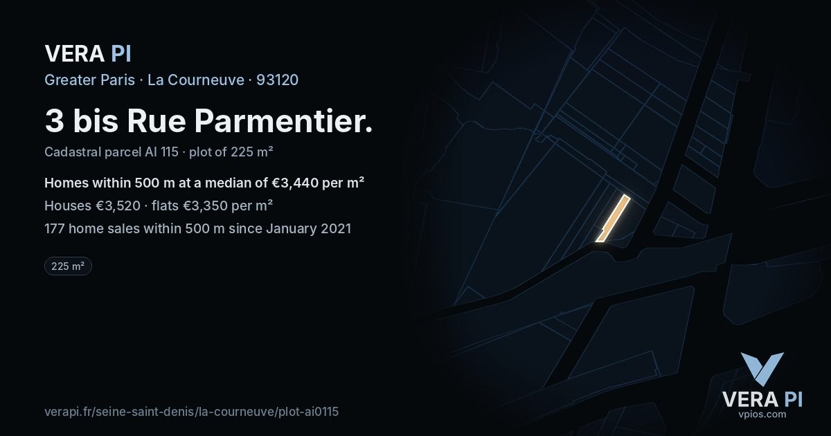 3 bis Rue Parmentier, La Courneuve at night – the plot lit, the parcels around coloured by the prices near them