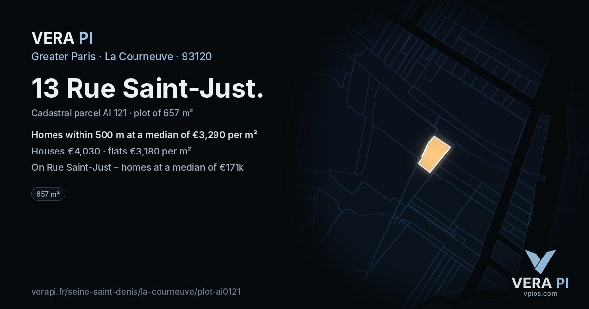 13 Rue Saint-Just, La Courneuve at night – the plot lit, the parcels around coloured by the prices near them