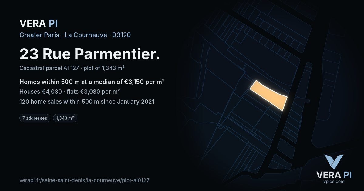 23 Rue Parmentier, La Courneuve at night – the plot lit, the parcels around coloured by the prices near them
