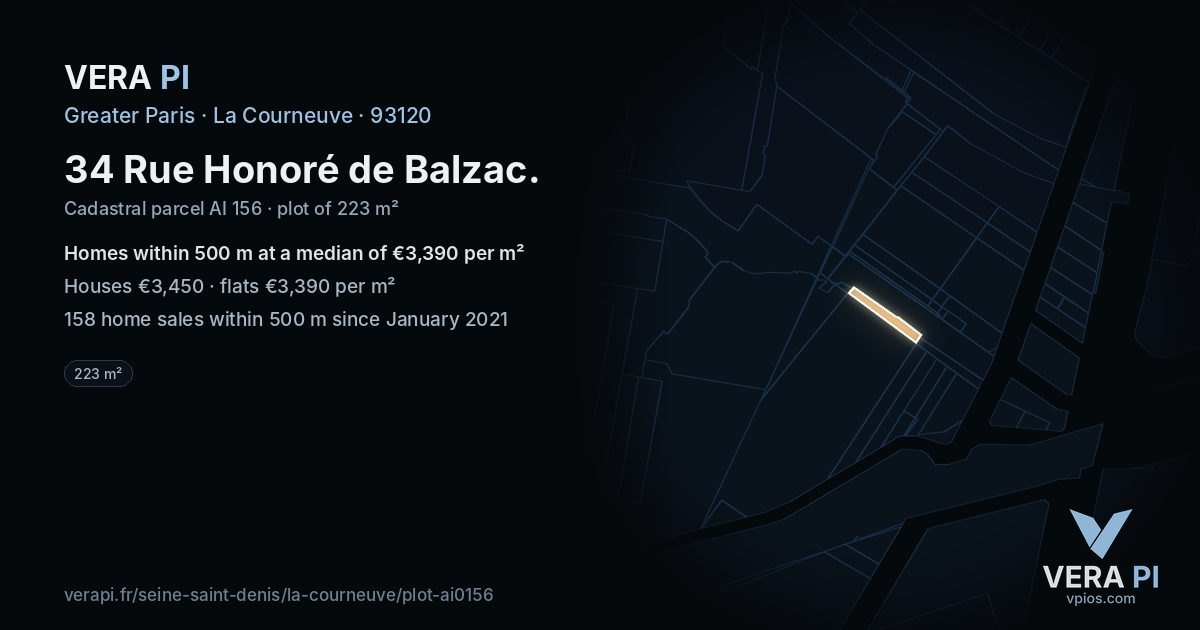 34 Rue Honoré de Balzac, La Courneuve at night – the plot lit, the parcels around coloured by the prices near them