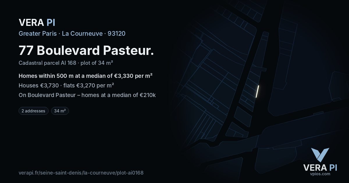 77 Boulevard Pasteur, La Courneuve at night – the plot lit, the parcels around coloured by the prices near them